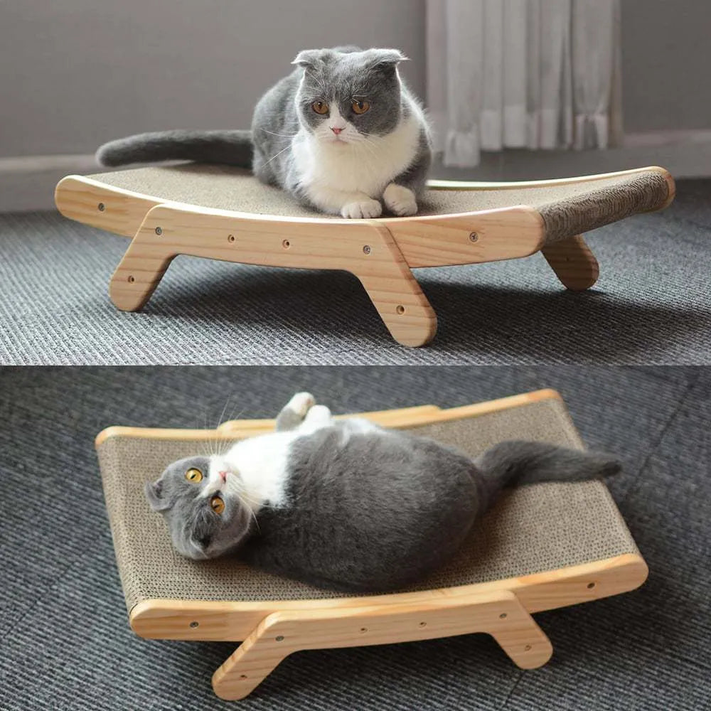 Deformation cat bed and scratcher in primary colour with corrugated paper surface, pine frame and three adjustable angles.