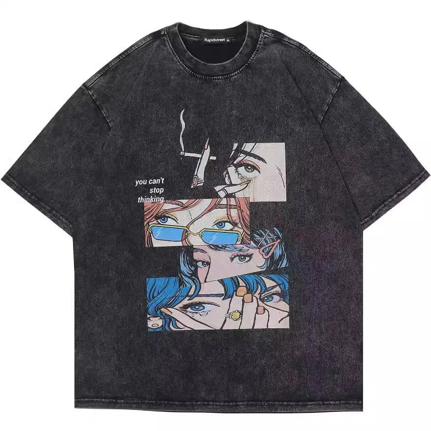 Men's retro cotton t-shirt with cartoon pattern in 56WashedBlack colour