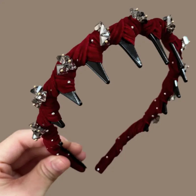 Women's velvet hair band with crystal wave decoration in red, black, and coffee colours.