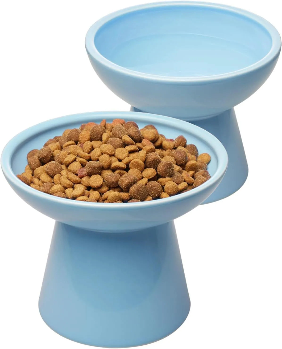 Ceramic elevated cat food bowl in blue colour with wide shallow design and raised base