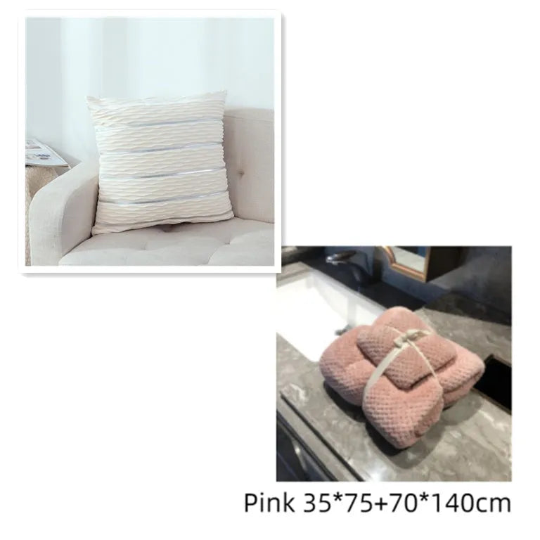 Square striped velvet pillow cover for sofa in multiple colour options on a grey background.