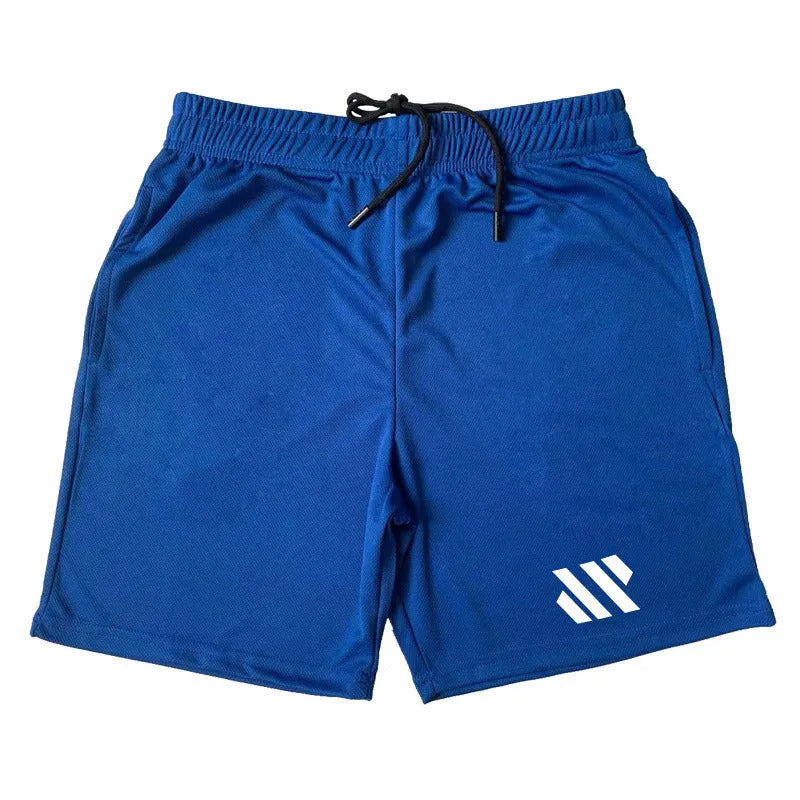Man's loose-fit metal silk sports shorts in various colours on a hanger.