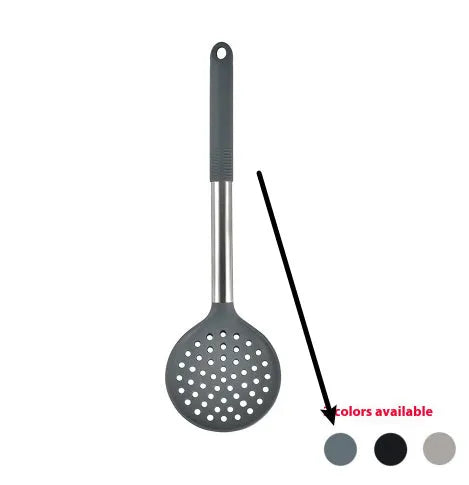 12-piece silicone kitchen utensil set in rotating storage bucket, including spatula, spoon, ladel, and egg beater on kitchen counter.