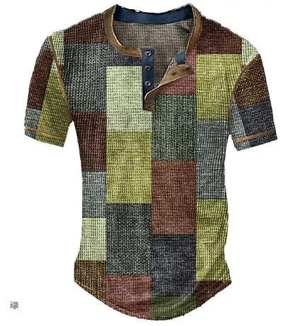 Men's graphic plaid colour block waffle henley short sleeve shirt, front view, regular fit, available in multiple colours