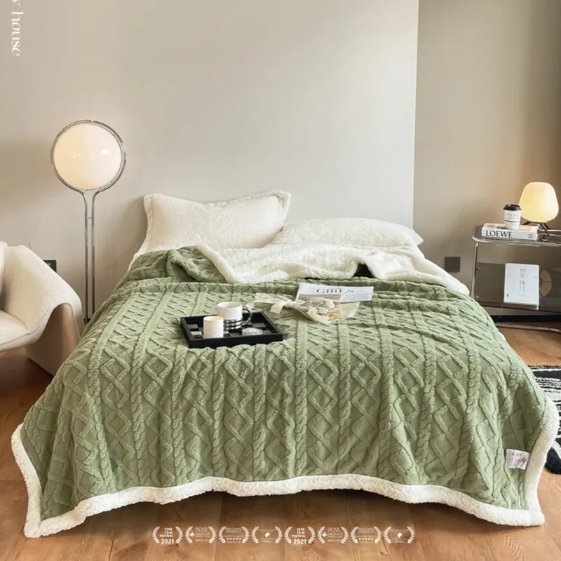 Polyester winter thermal flannel blanket in beige, laid flat showing its texture and simple modern style.
