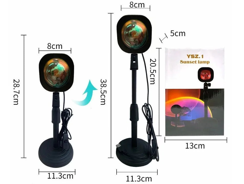 USB rechargeable rainbow sunset projection lamp showing sunset red colour effects