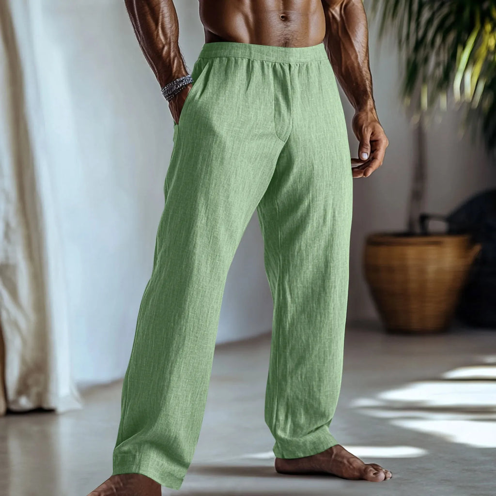 Cotton and linen straight-leg trousers in light green colour with visible pockets and straight hem