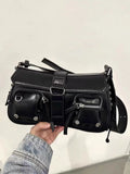 Black PU leather women's underarm baguette messenger bag with adjustable shoulder strap