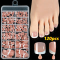 Open box showing 120 French white edge nude square false toe nail pieces in various shades.