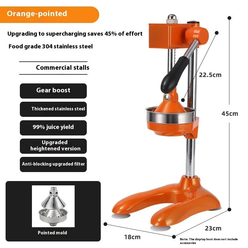 Vertical stainless steel and zinc alloy manual citrus juicer on a kitchen counter.