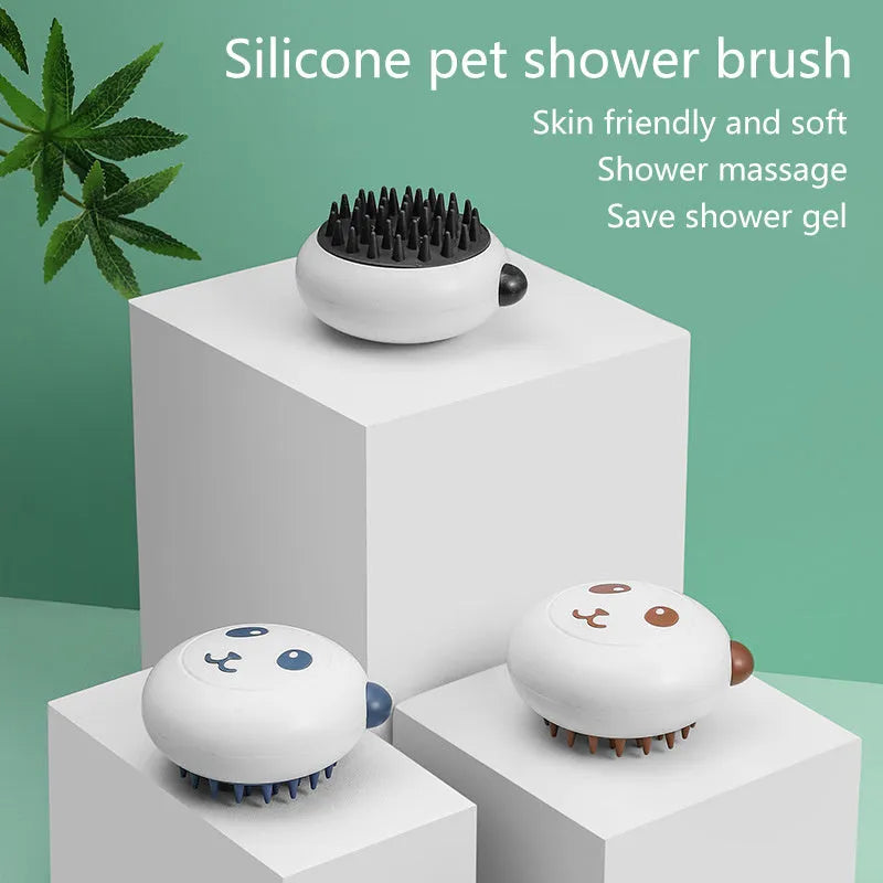 Panda-shaped silicone pet shower brush with soft bristles for cat and dog bath cleaning