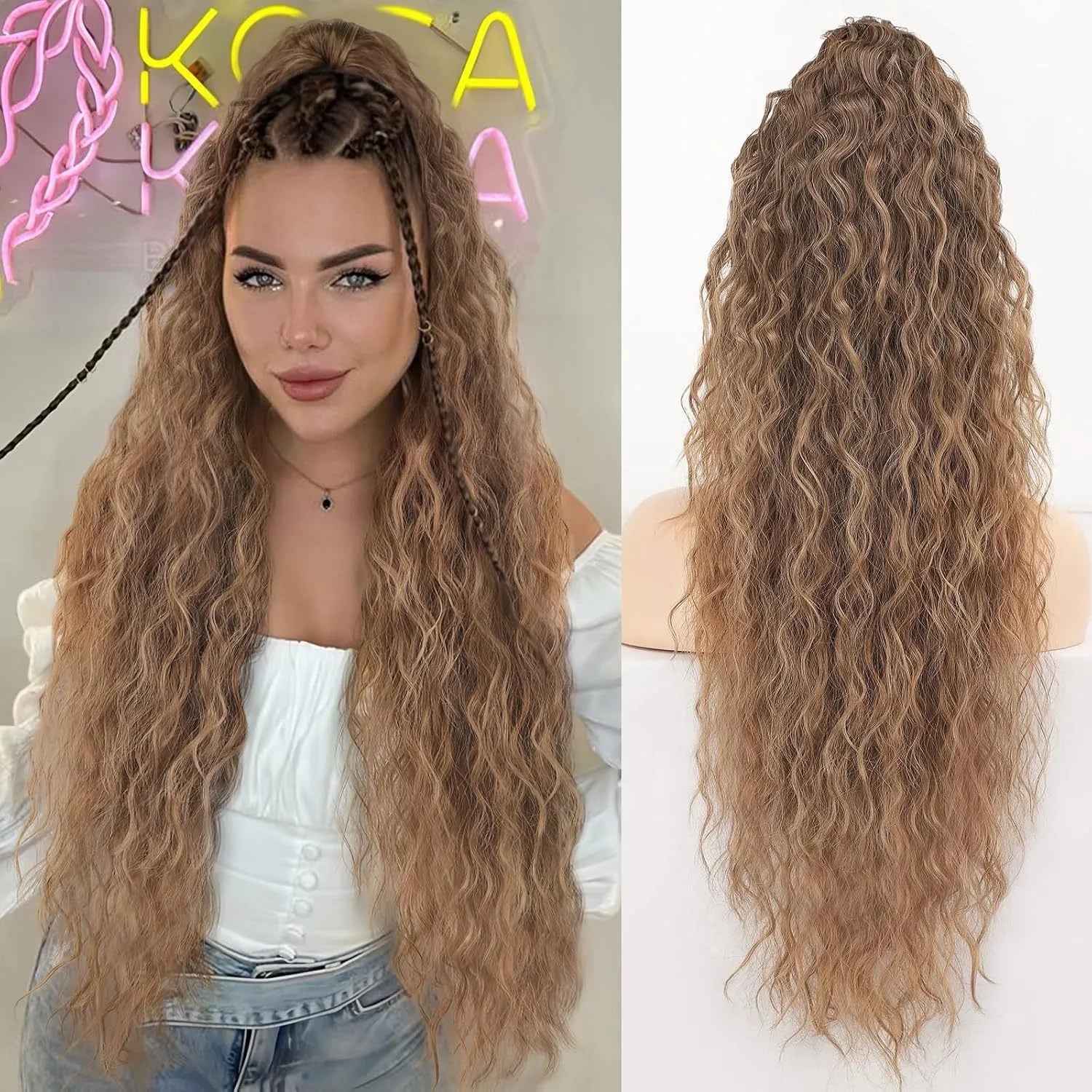 Long 30-inch curly ponytail wig in high temperature fibre for costume and cosplay.