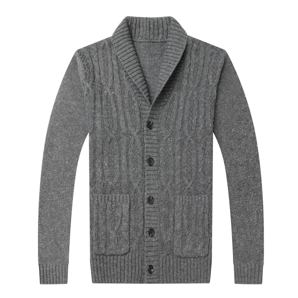 Man wearing a black Korean-style jacquard patterned knitted cardigan jacket.