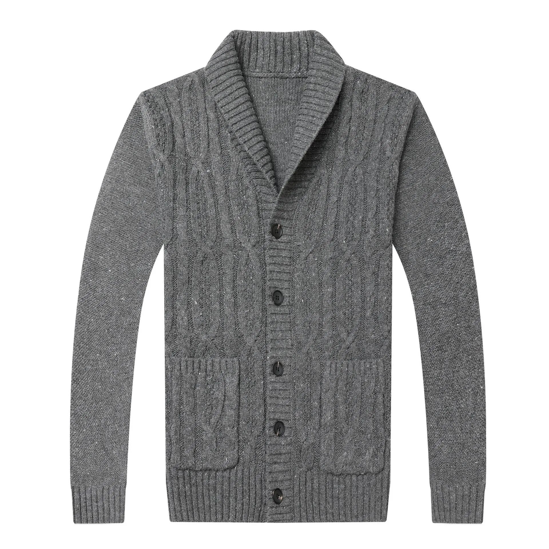 Man wearing a black Korean-style jacquard patterned knitted cardigan jacket.