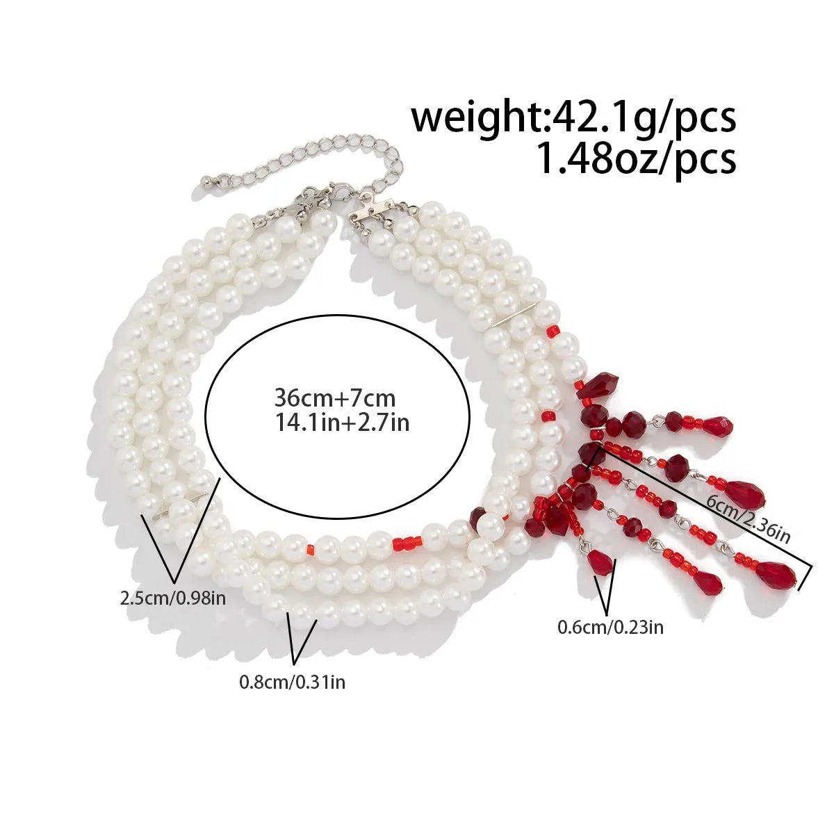 Men's Halloween necklace with blood drop crystal pendants, pearl beads, and tassel on adjustable chain