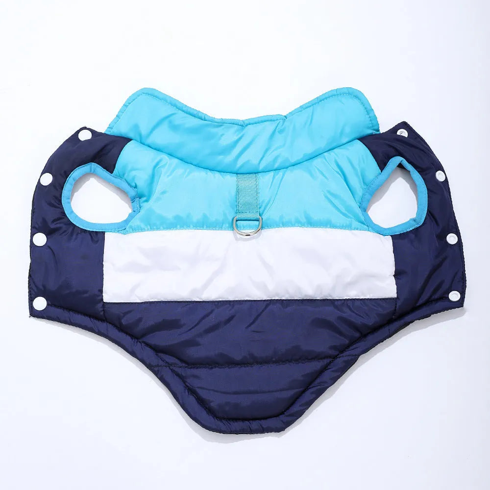 Dog autumn winter coat with leash in white and blue colour, fleece lined polyester pet jacket for small medium large dogs