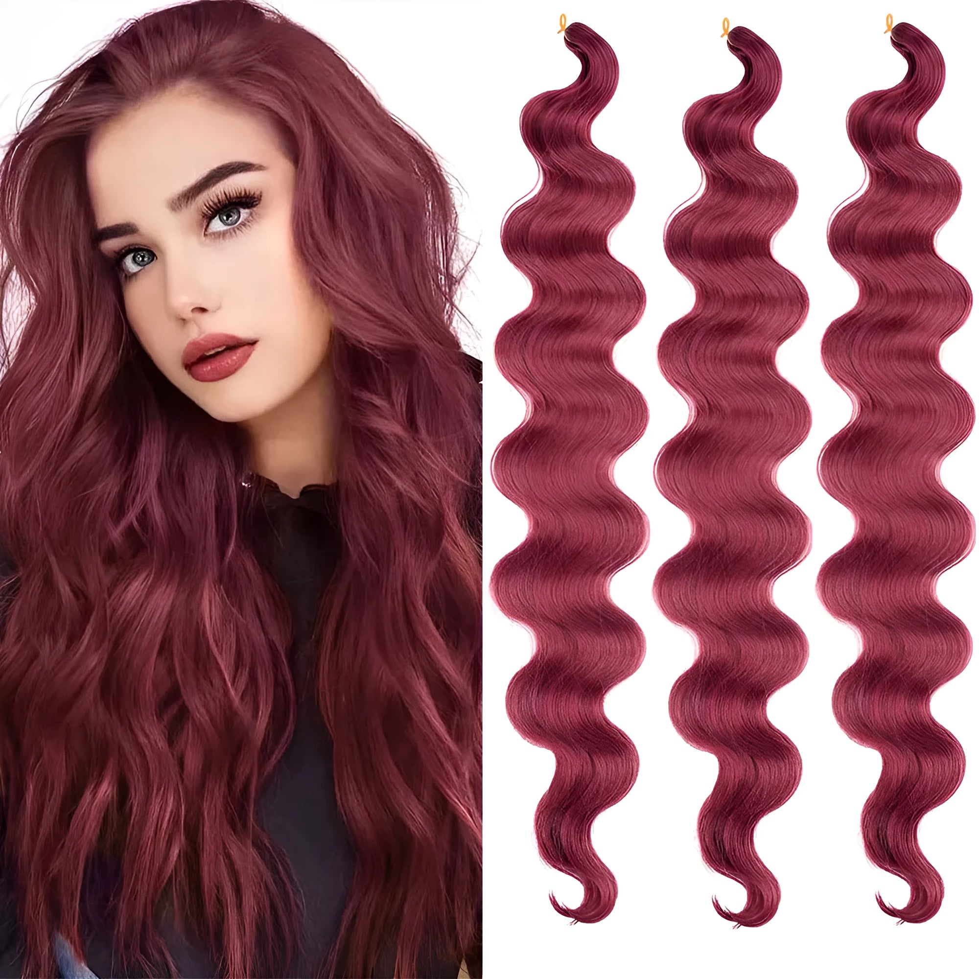 Wine red big wave 24-inch chemical fibre crochet wig extension on display