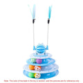 Blue 4-tier interactive cat toy carousel with balls and teasing rods