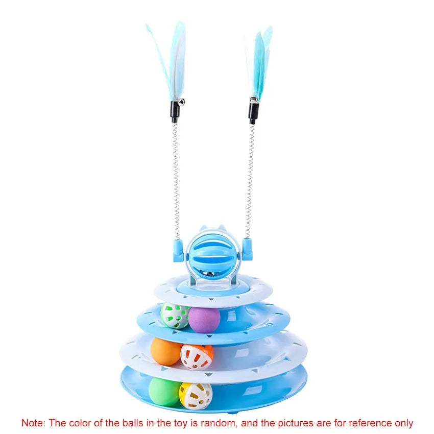 Blue 4-tier interactive cat toy carousel with balls and teasing rods