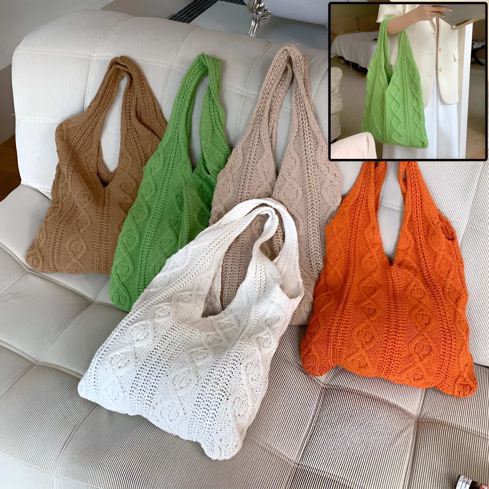 GWomen retro crochet shoulder tote bag in a solid colour, showing knitted texture and double strap connectors.