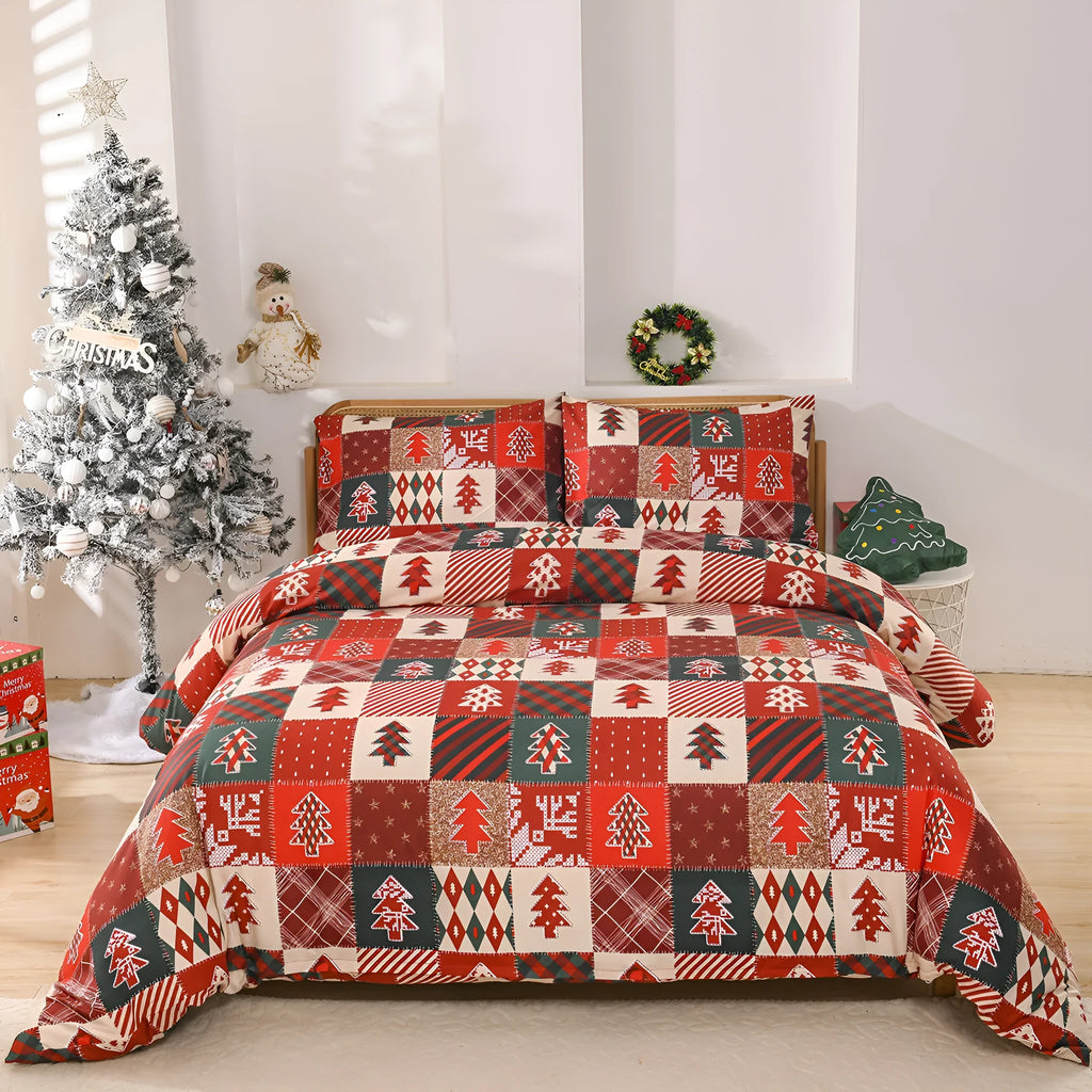 Christmas red plaid pattern on a chemical fibre bedding three-piece set showing quilt cover and pillowcases.
