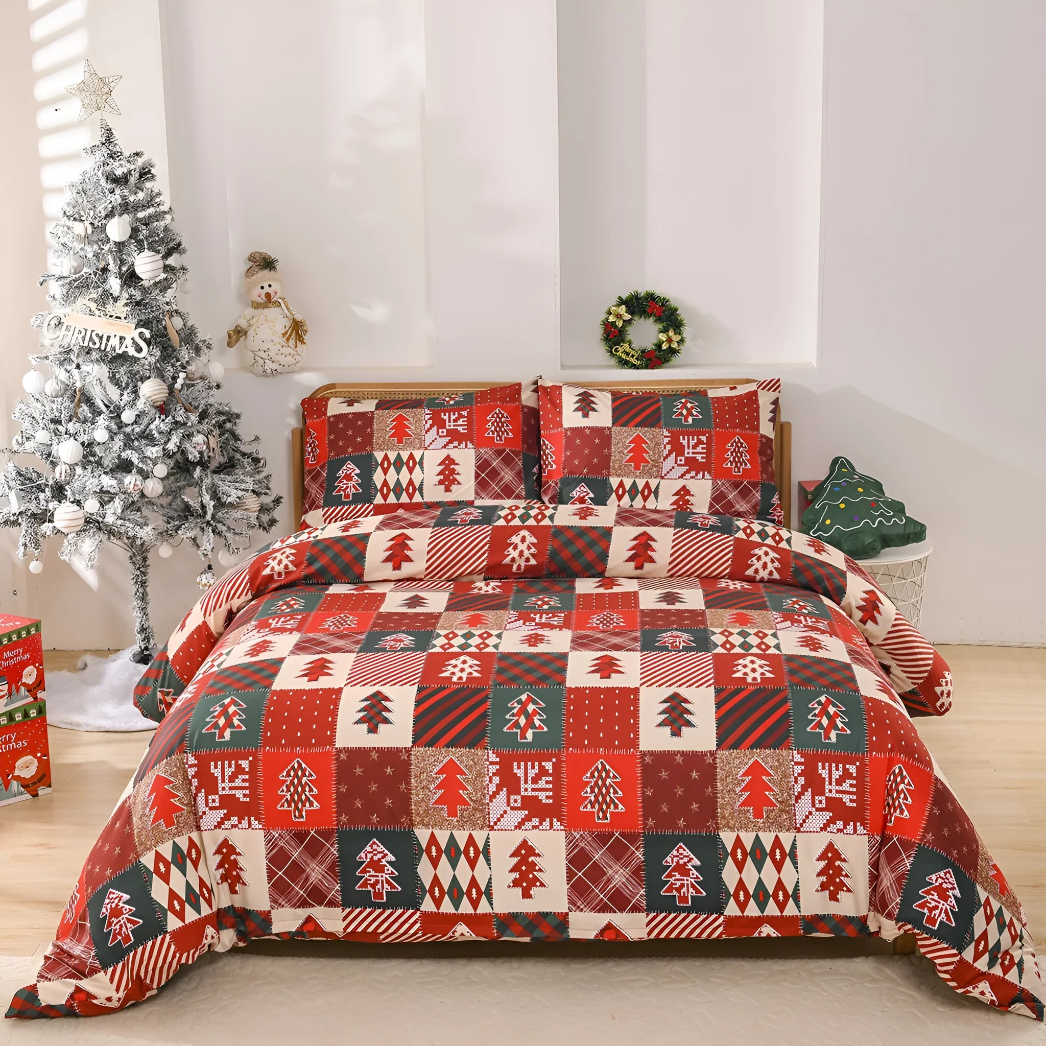 Christmas red plaid pattern on a chemical fibre bedding three-piece set showing quilt cover and pillowcases.
