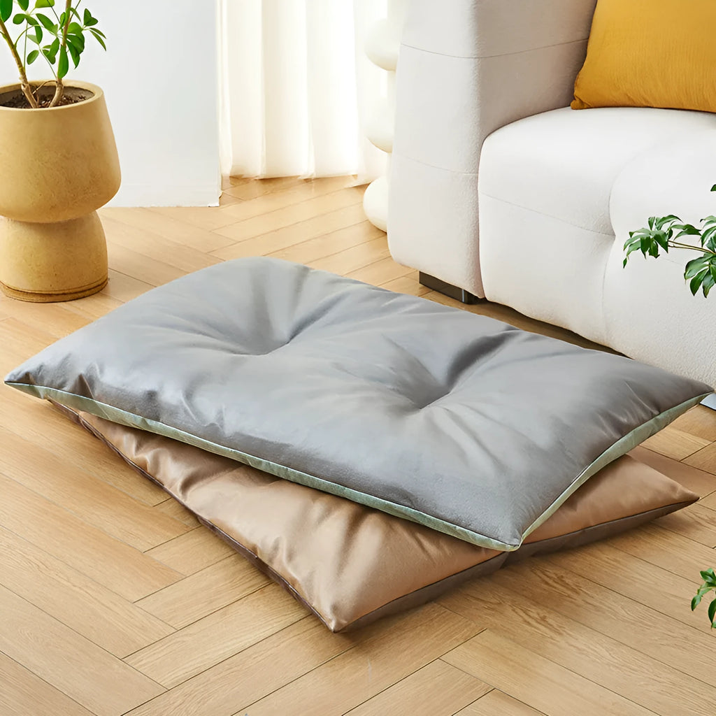 Blue and coffee coloured cool summer pet sleeping mat for cats and dogs shown in four different sizes.