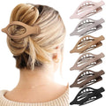 Six rose red plastic hair clips with frosted grip and quadrilateral design arranged together