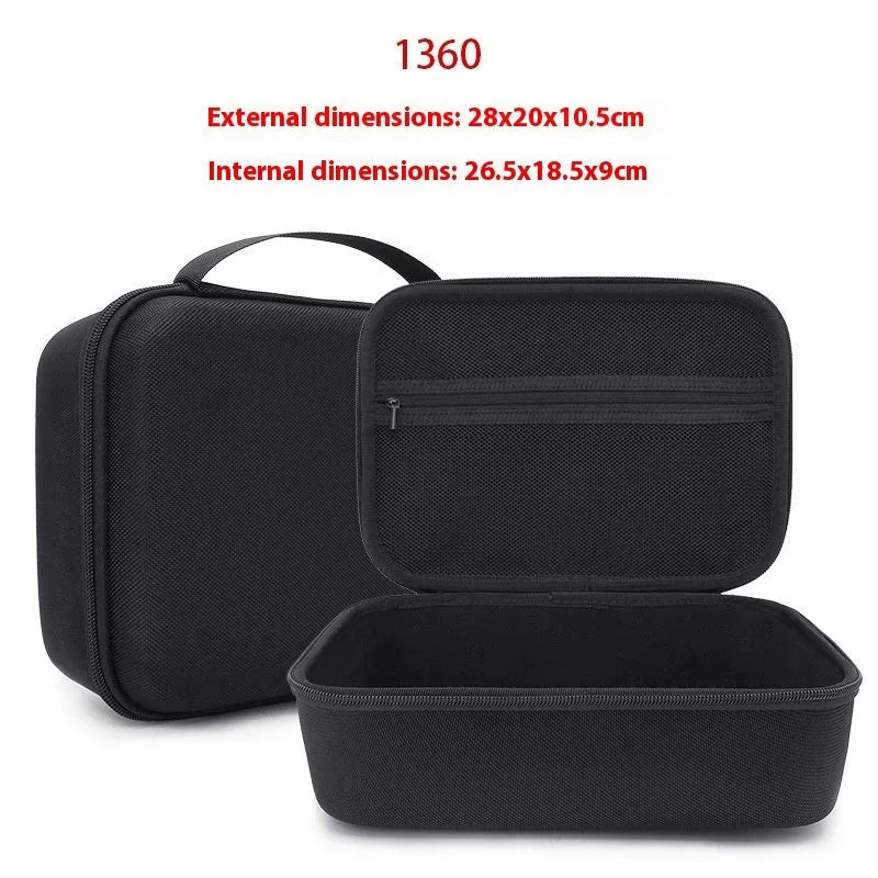 EVA hard shell motorcycle charger storage bag in black with sewn construction, side view interior showing padded interior