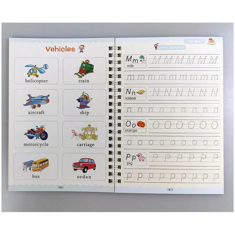 Magic stylus calligraphy practice set for kids showing four colourful copybooks and pens on a table.