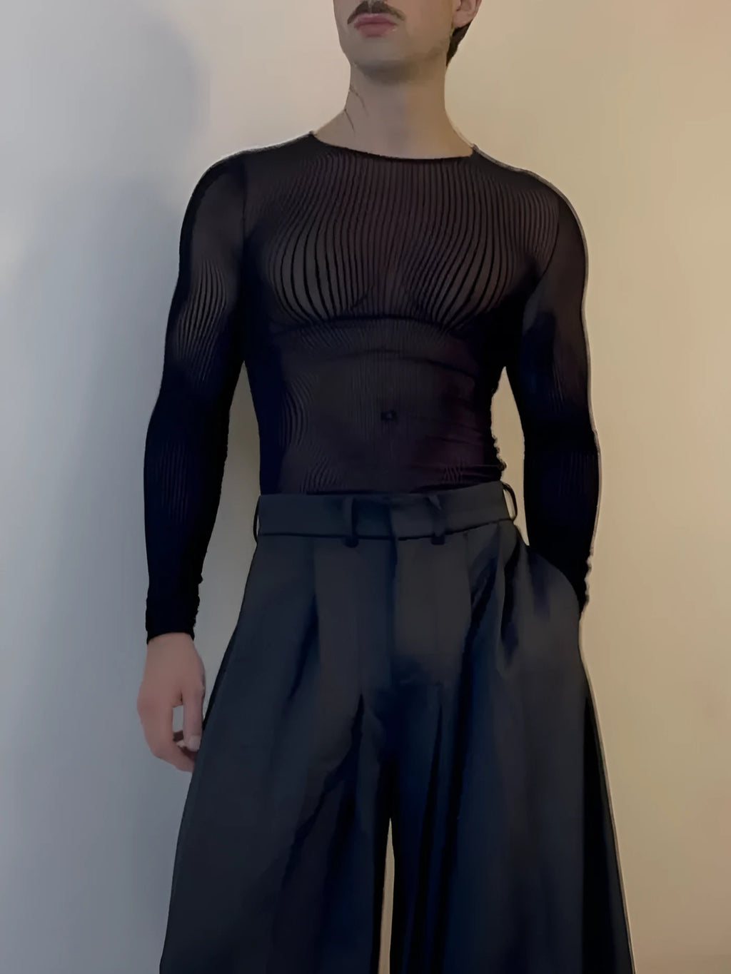 Black mesh long-sleeve top with sheer striped design, regular fit, sizes S to 3XL