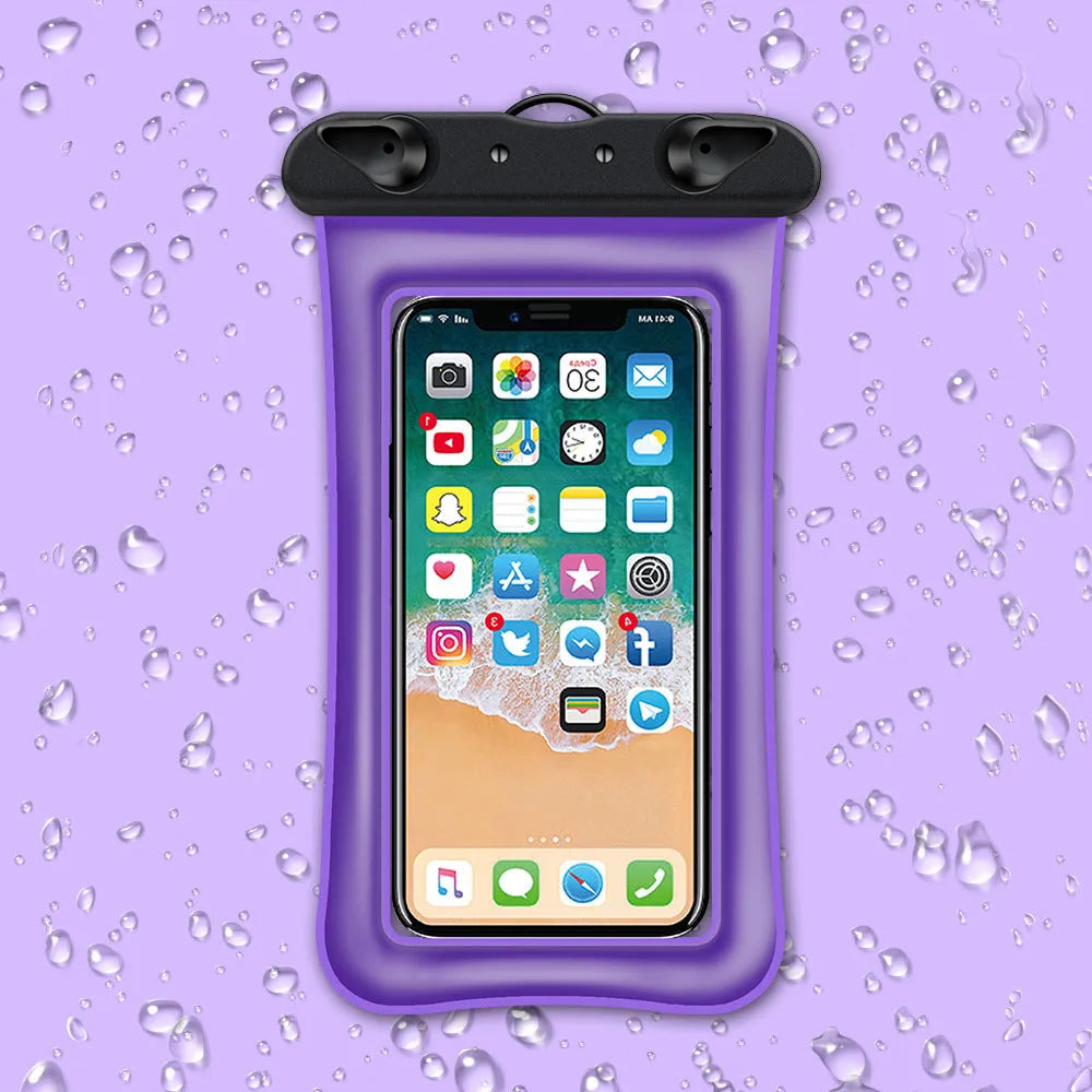 Clear double airbag waterproof phone pouch with orange lanyard on a blue background.
