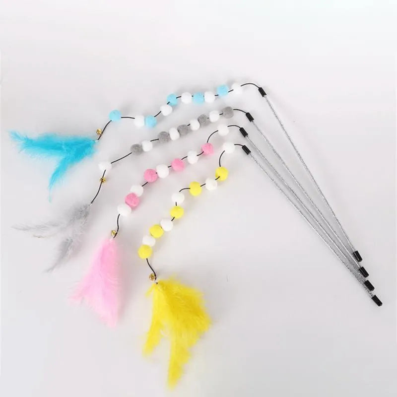 31cm long cat teaser rod with colourful pompons and feather toys for interactive play