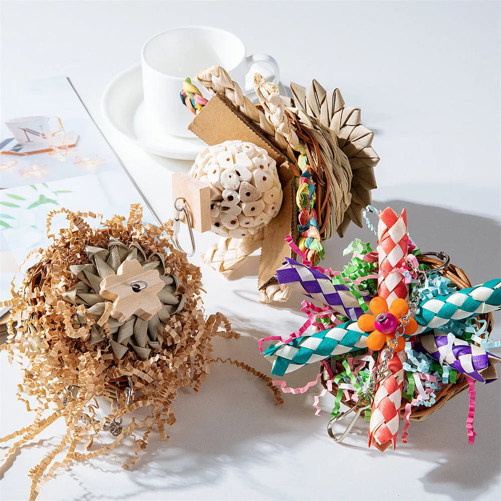 Three-piece parrot gnawing toy set for beak conditioning and enrichment