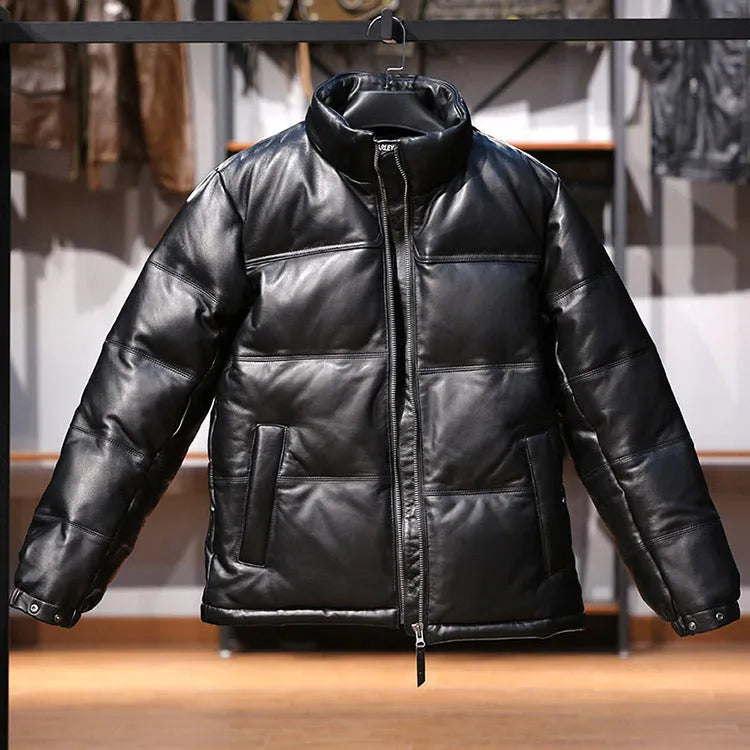 Men's black stand collar sheepskin down leather jacket with pocket decoration and white duck down filling
