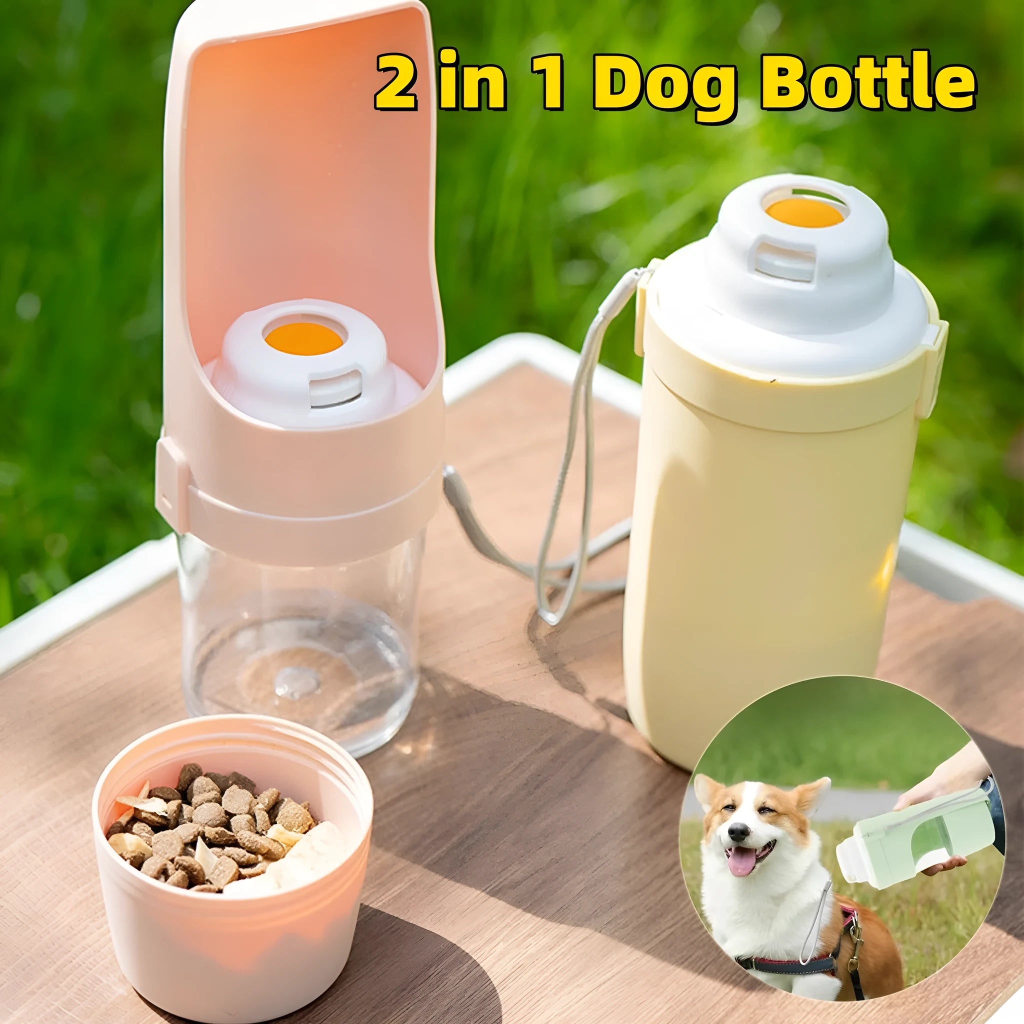 Green 2-in-1 travel dog water bottle with lanyard showing food and water compartments