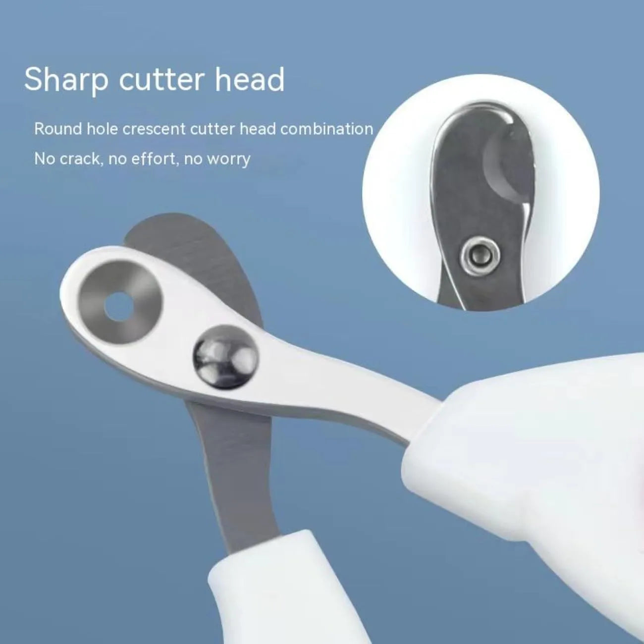 Blue pet nail clippers with circular cut hole and non-slip handles on a white background.