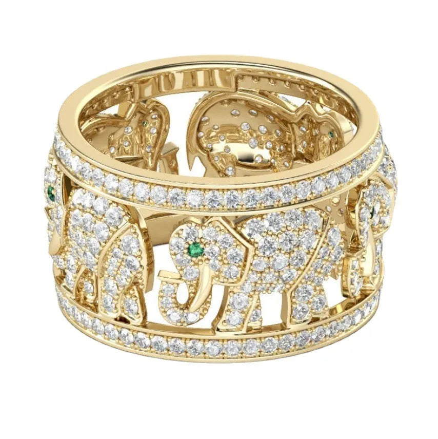 Electroplated alloy elephant fashion ring showing detailed design, available in sizes 6 to 10.