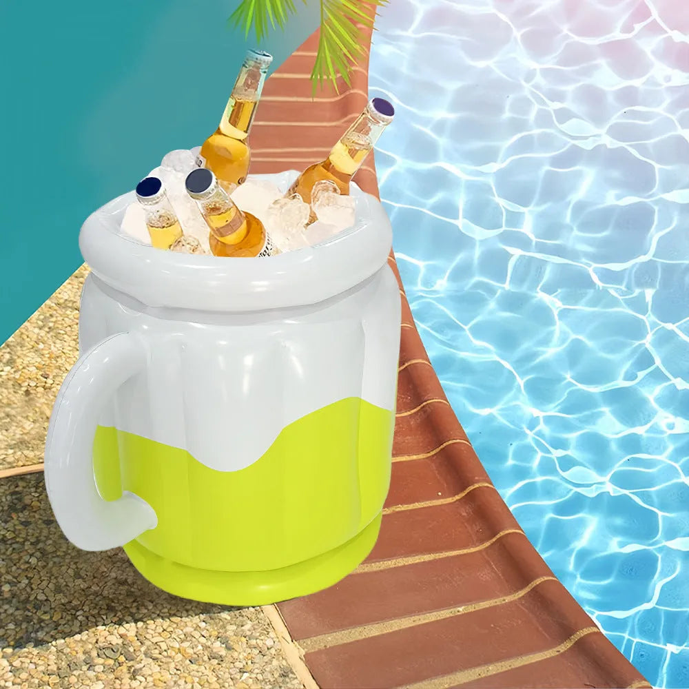 Inflatable PVC ice bar for parties shown in two sizes with optional silver grey cup holder and yellow ice bucket accessories.