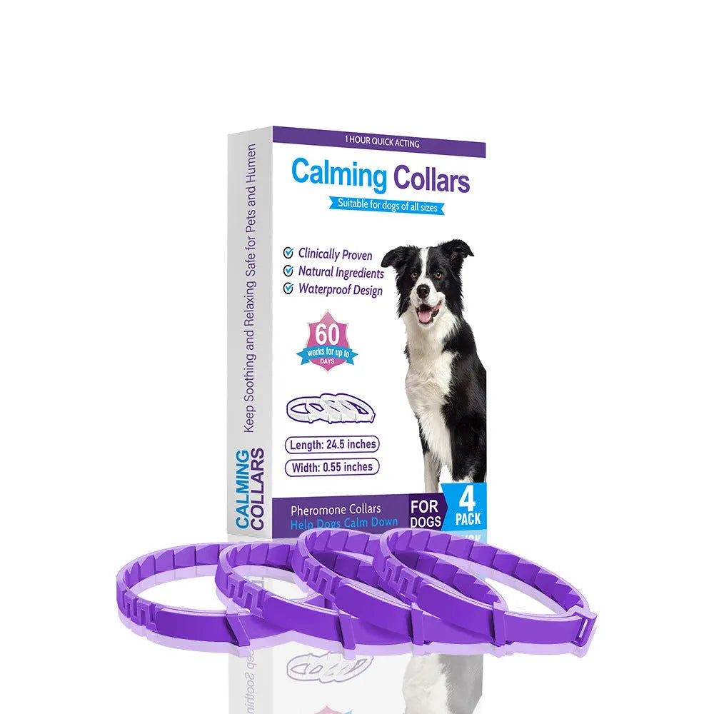 Set of four monochrome dog anxiety relief collars in assorted colours, showing soft TPR material and adjustable 62cm length.