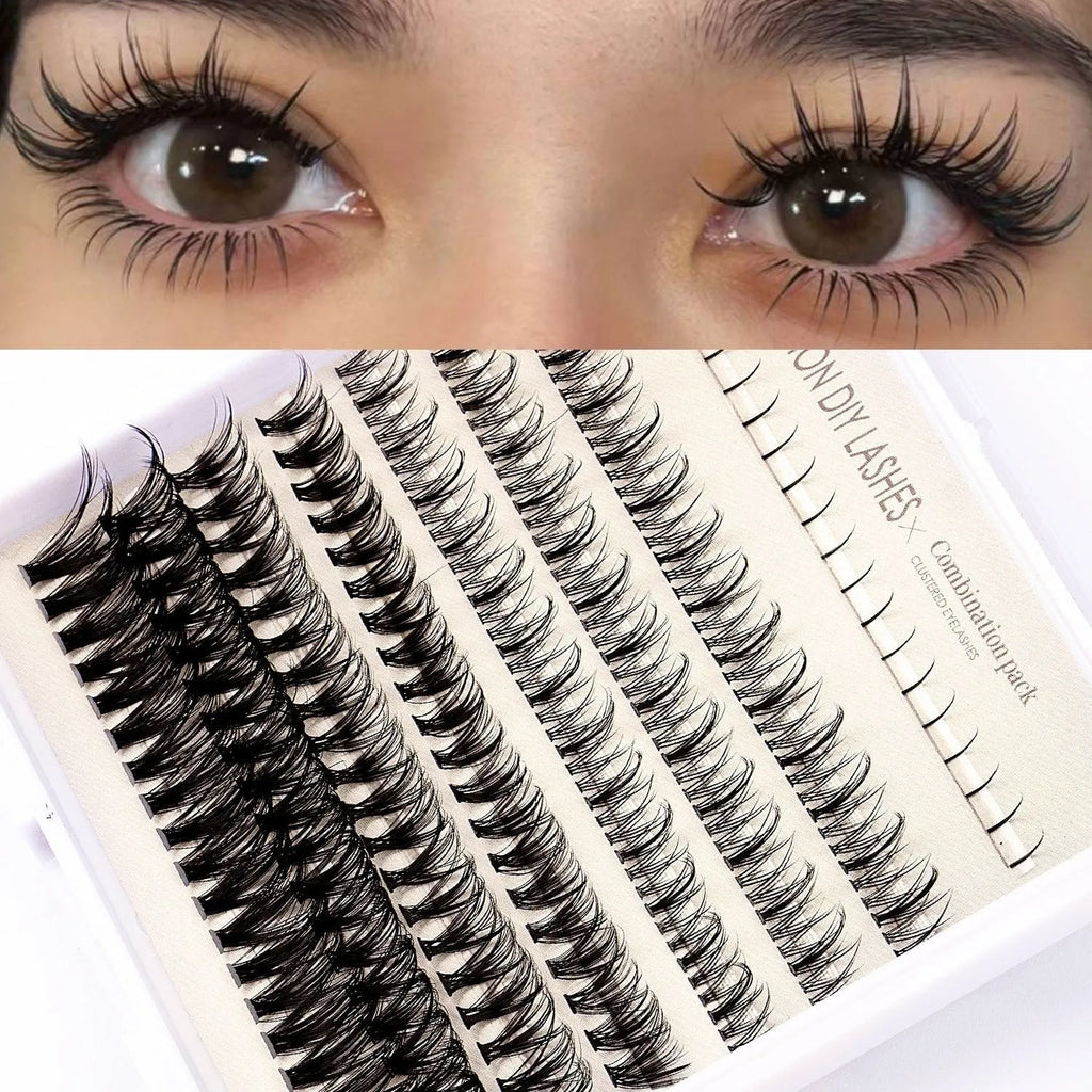 False eyelash glue suit with single-cluster segmented lashes, adhesive, tweezers, and brush for DIY application