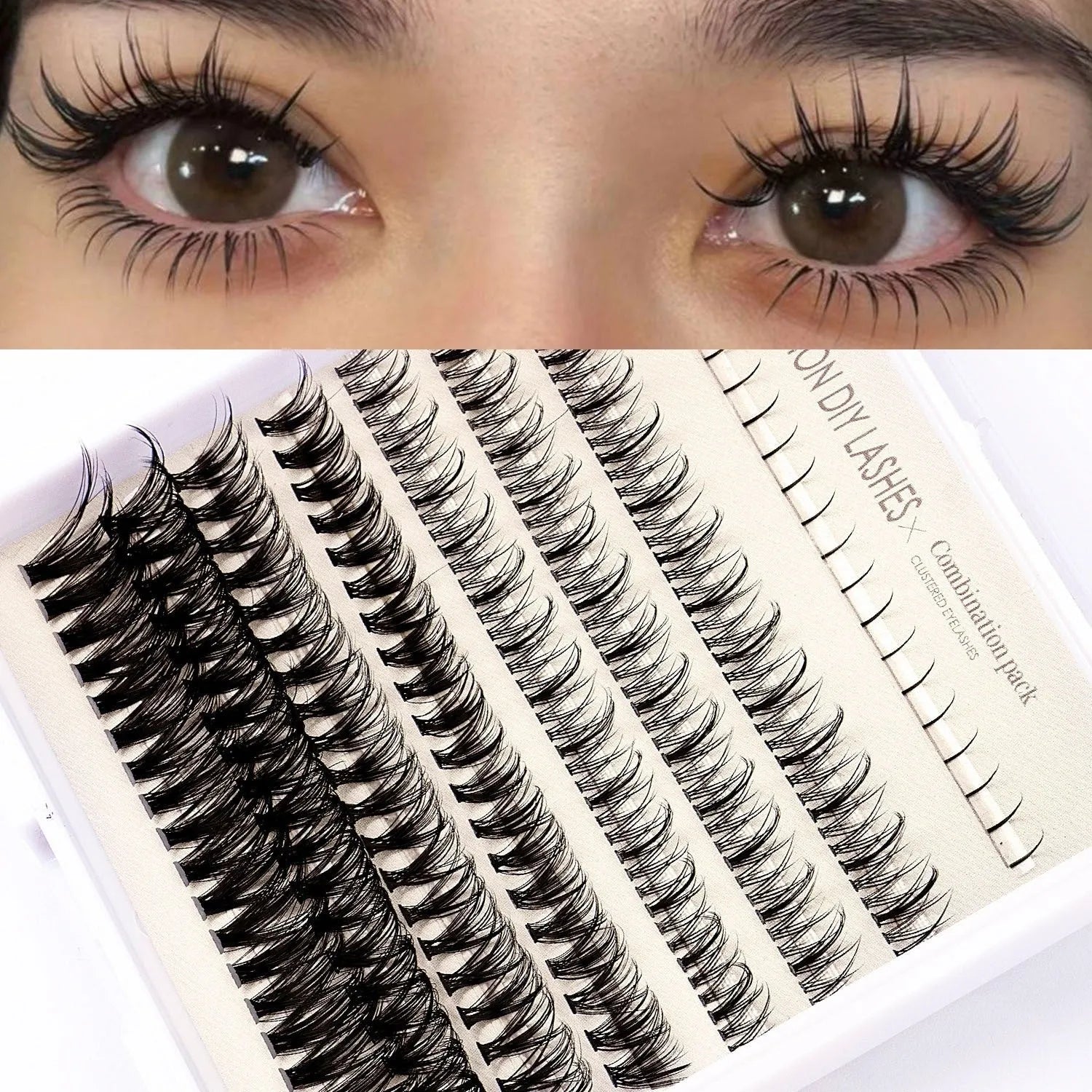 False eyelash glue suit with single-cluster segmented lashes, adhesive, tweezers, and brush for DIY application