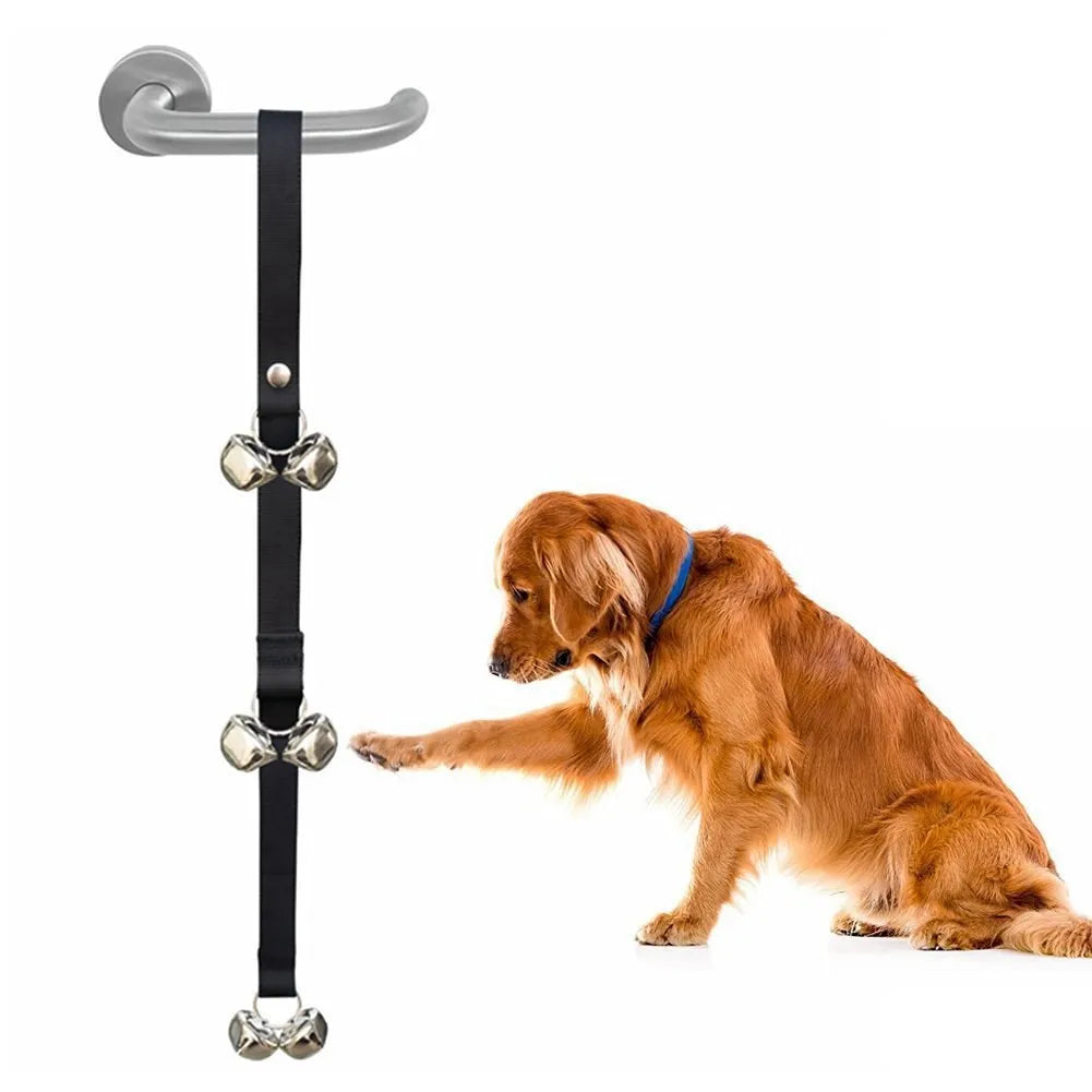 Premium silver metal dog training doorbell with seven large bells on an adjustable nylon strap.