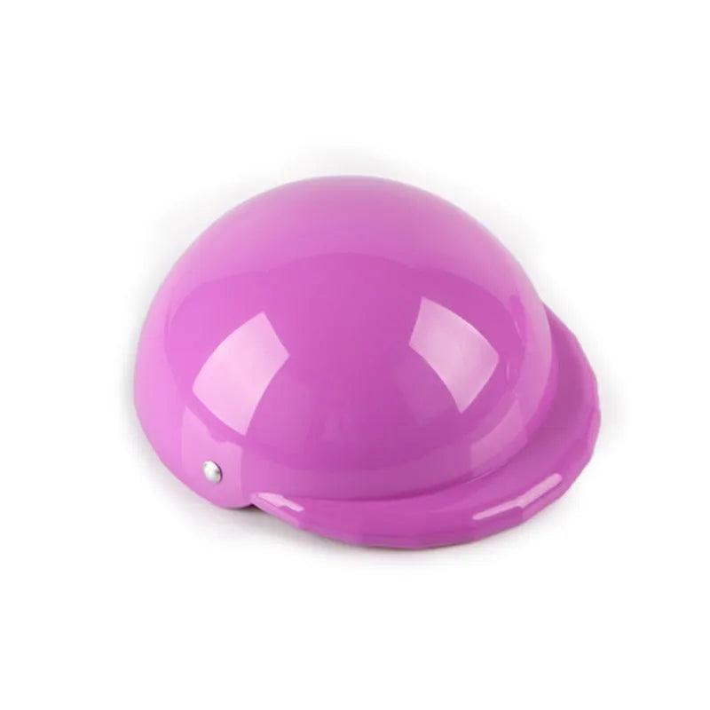 Plastic dog motorcycle cap helmet in a solid colour, shown in small, medium, and large sizes.