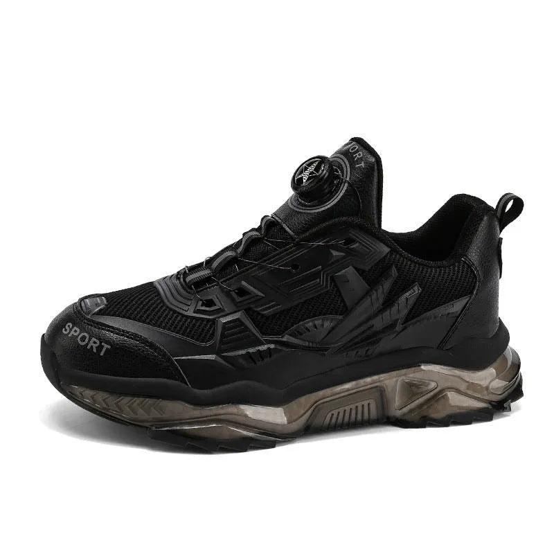 Men's black rotating button casual shoes with mesh upper and platform sole