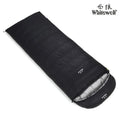 Black outdoor sleeping bag with white goose down fill and durable nylon shell.