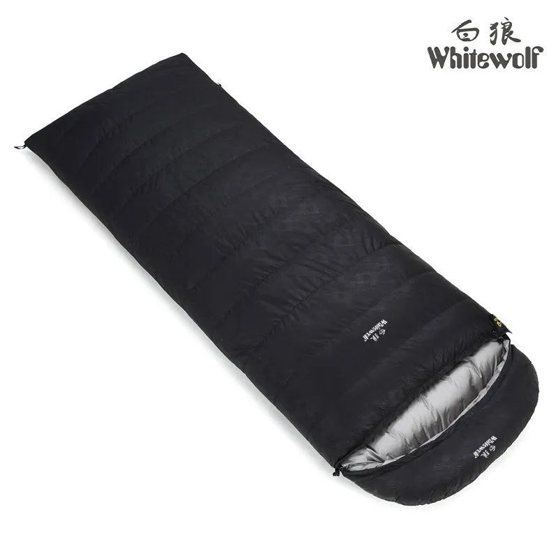 Black outdoor sleeping bag with white goose down fill and durable nylon shell.