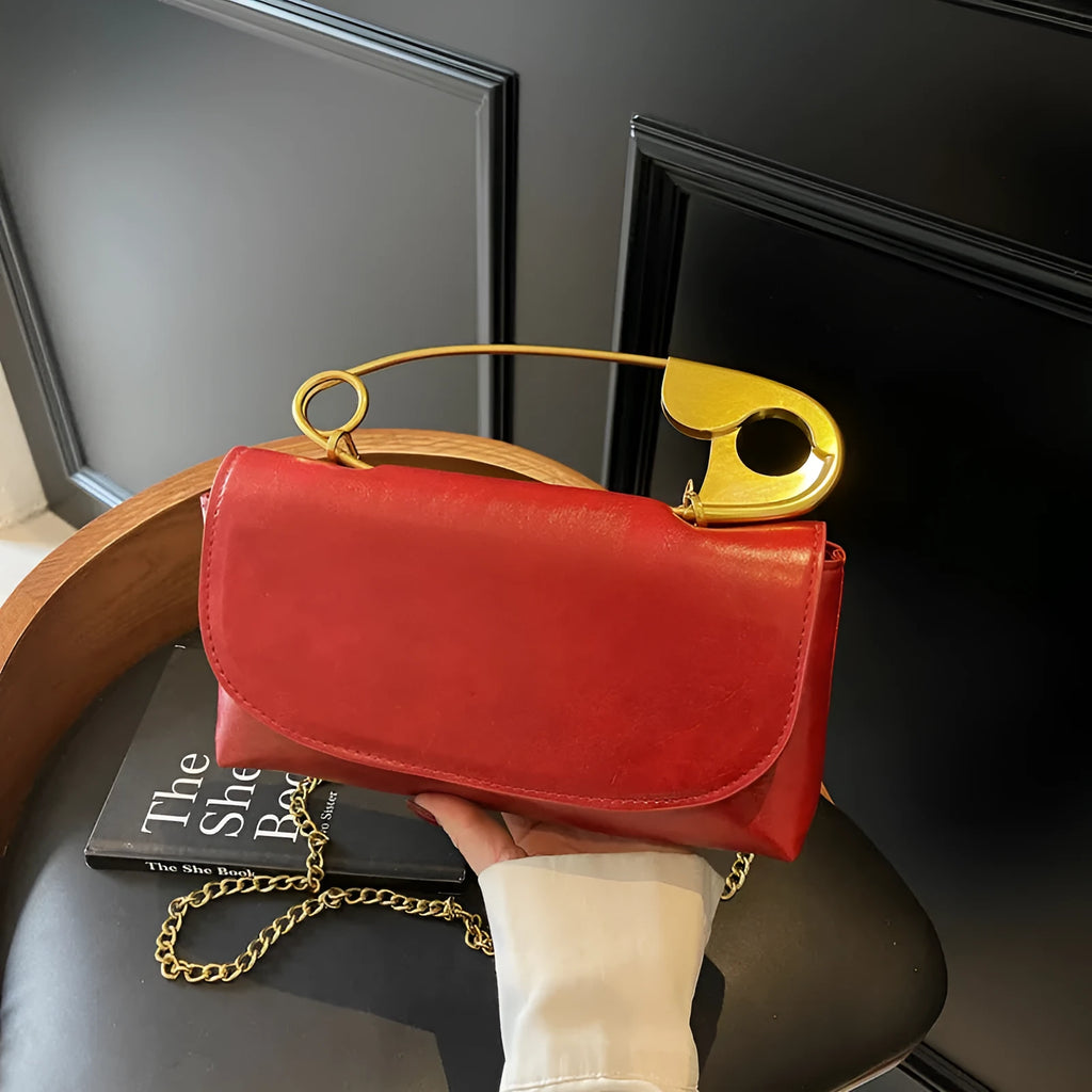 Creative paper clip design PU leather shoulder handbag in horizontal square shape with sandwich pocket