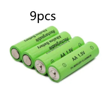 Green alkaline rechargeable AA battery with 3000mAh capacity and 1.5V rating.