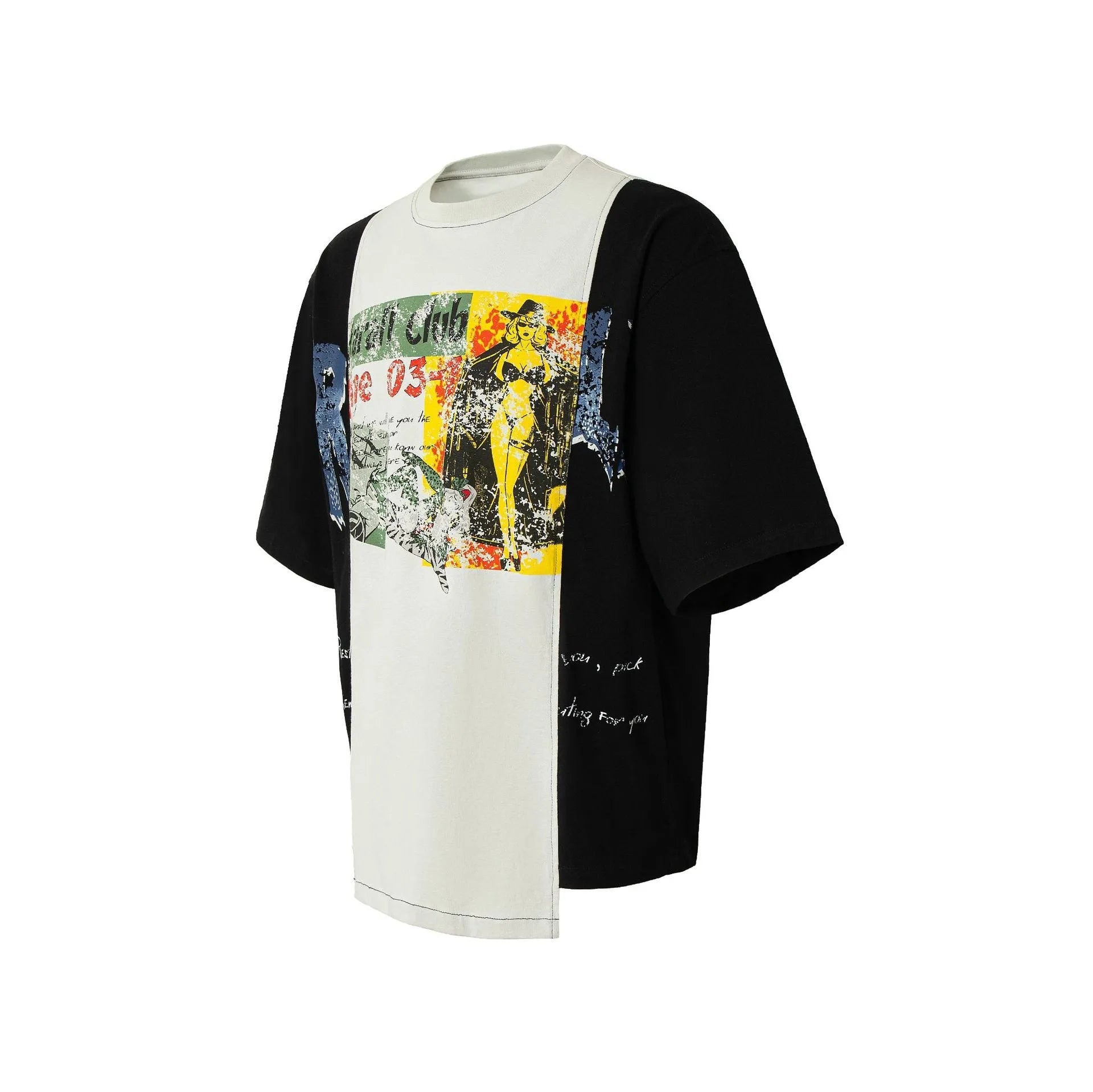 Broken collage deconstruction printed T-shirt in black and white stitching with cotton blend fabric